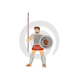 Brave caucasian centurion standing with spear and shield isolated on white background