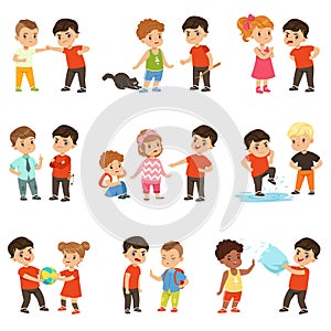 Brave children characters confronting hooligans set, bad boy bullying a smaller kid vector Illustrations on a white