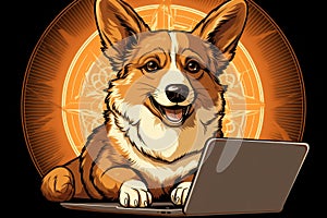 Brave corgi dog bravely defends laptop with sword and shield in bright office