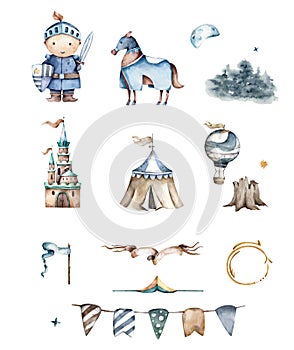 The brave cute little knight and the castle. Adventure collection. Hand drawn watercolor cartoon set for kid greeting