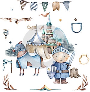 The brave cute little knight and the castle on the back with flowers. Hand drawn watercolor cartoon set for kid greeting card