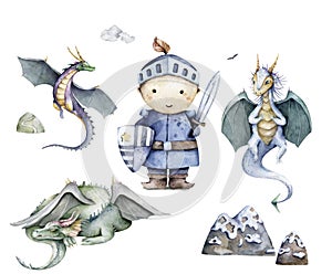 The brave cute little knight and set dragon. Fairytall collection Hand drawn watercolor cartoon set for kid greeting