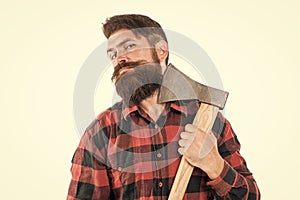 Brave enough. Brutal lumberjack. Cutting wood. Sharp blade. Brutality and masculinity. Bearded lumberjack. Lumberjack