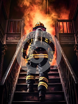 A brave firefighter climbs a ladder in a smoke-filled house or dwelling to the rescue of survivors. Generative ai