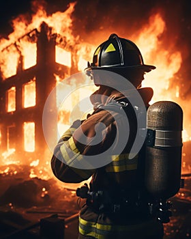 brave firefighter confronts a building on fire and is a blazing inferno