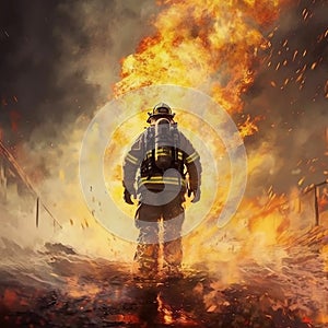 Brave Firefighter in an Epic Universal Firefight. Generative AI