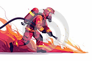 Brave Firefighter with Hose in Action isolated