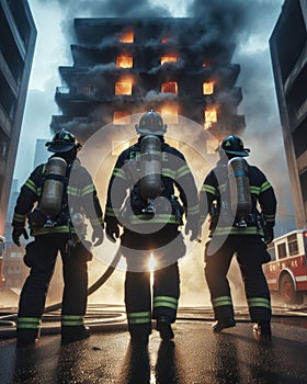 brave firefighters confront a building on fire and is a blazing inferno