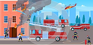 Brave firefighters extinguishing fire in house vector illustration. Team firemans working together