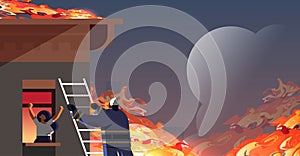 Brave fireman climbing ladder firefighter rescuing woman in burning house firefighting emergency service extinguishing