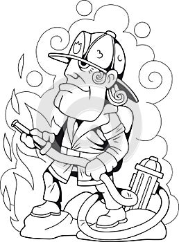 Brave fireman fighting fire, coloring book, funny illustration