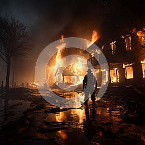 Brave fireman hoses down scorched dwelling, water subduing the smoldering aftermath