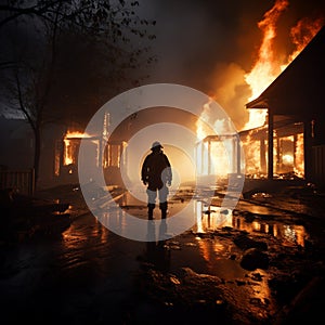 Brave fireman hoses down scorched dwelling, water subduing the smoldering aftermath