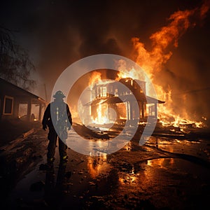 Brave fireman hoses down scorched dwelling, water subduing the smoldering aftermath