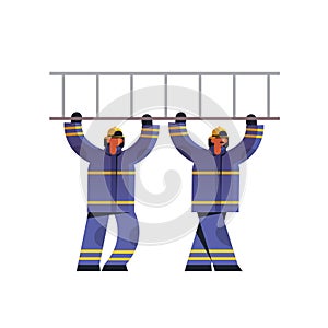 Brave firemen couple carrying ladder firefighters team in uniform and helmet firefighting emergency service