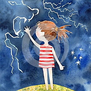 A brave girl is not afraid of thunderstorms. Watercolor illustration.