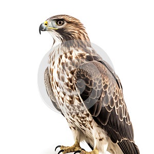 Brave hawk bird with light and brown feathers and yellow, grey beak sitting on light stand and looking on side. isolated