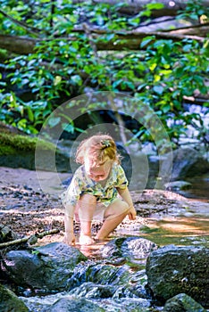 brave kid toddler boy in wild forest near stream with stones