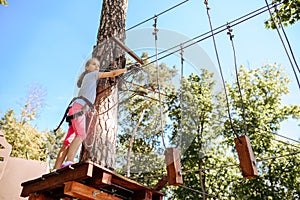 Brave kids climbs in rope park, playground