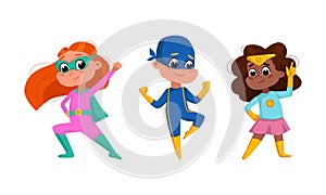 Brave kids superheroes set. Cute joyful boy and girl wearing colorful comics costumes cartoon vector illustration