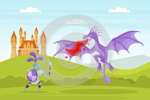 Brave Knight Fighting with Dragon Vector Illustration