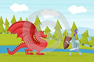 Brave Knight Fighting with Dragon Vector Illustration