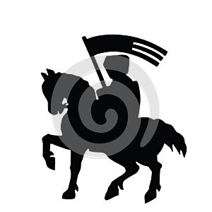 Brave knight with shield and flag on horse back silhouette. Coat of arms of Schwerin city