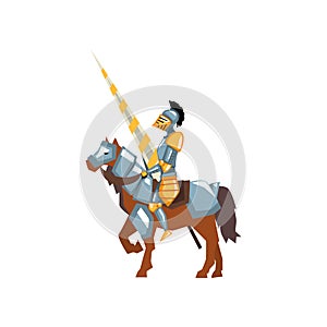 Brave knight in shiny armor with lance in hand. Warrior on horse. Jousting tournament. Flat vector design for mobile