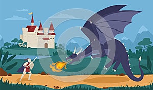 Brave knight or swordsman fighting with dragon against medieval castle on background. Legendary hero struggle against photo