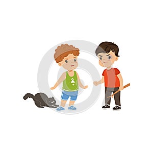 Brave litlle boy trying to stop the bully who is offending animals vector Illustration on a white background photo