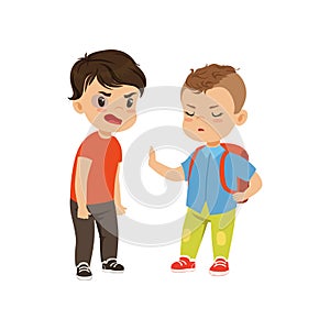 Brave litlle schoolboy with backpack trying to stop the bully who is quarreling vector Illustration on a white