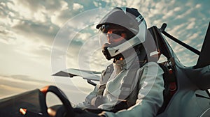 A brave man in full gear, wearing a helmet and sunglasses is sitting in a modern racing car. The sky is overcast