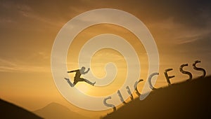 Brave man successful concept,silhouette man jumping over the sun