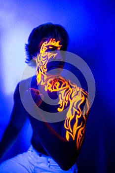 Brave man uv portrait neon face art, bright fire energy