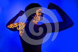 Brave man uv portrait neon face art, bright fire energy