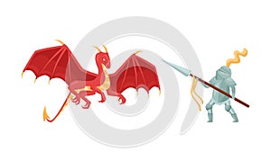 Brave Medieval Knight in Armored Suit Holding Shield and Weapon Fighting with Fire Breathing Dragon Vector Illustration