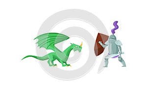 Brave Medieval Knight in Armored Suit Holding Shield and Weapon Fighting with Fire Breathing Dragon Vector Illustration