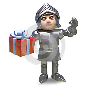 Brave medieval knight in armour holding giftwrapped present, 3d illustration
