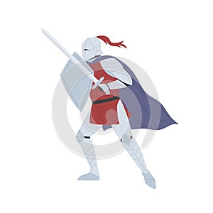 Brave medieval knight in full body armor vector flat illustration. Historical warrior holding sword and shield isolated