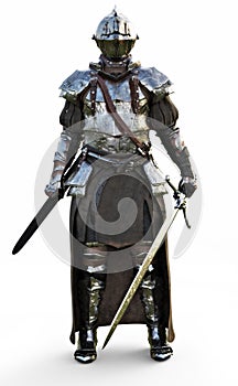 Brave medieval knight standing with a full suit of armor and holding a sword weapon on a white background.