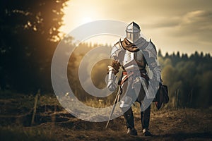 Brave medieval knight walking through forest valley landscape. Generative AI