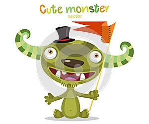 Brave Monster. Very Happy Colorful Monster Funny Character With Flag.