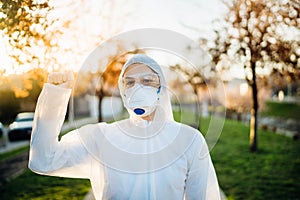 Brave paramedic in the front lines.COVID-19 emergency room triage doctor fighting coronavirus in private protective equipment PPE photo