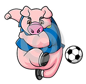 The brave pig is playing football and kicking the ball hardly photo