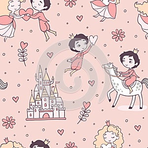 Brave prince and cute princess fairy tale seamless pattern