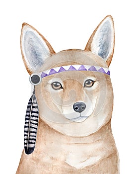 Brave red dingo dog character portrait with beautiful eyes and violet headgear decorated with striped eagle feather.