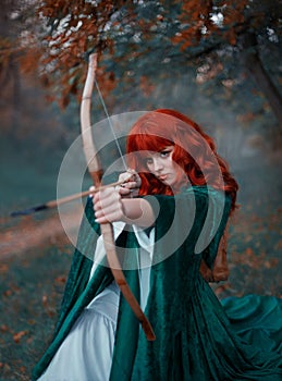 Brave red-haired girl holds a bow in her hands, directing an arrow, experienced hunter goes into battle, warlike image