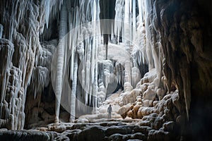 A brave spelunker explores the depths of a stunning cave adorned with intricate stalactites and stalagmites. Generative photo