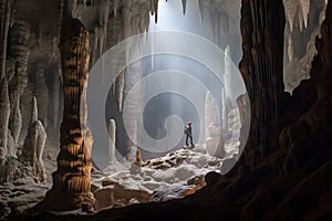 A brave spelunker explores the depths of a stunning cave adorned with intricate stalactites and stalagmites. Generative photo