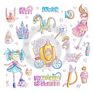 Brave tomboy princess vector cartoon set. Princess magic and feminism illustration, little teen girl with ball, princess